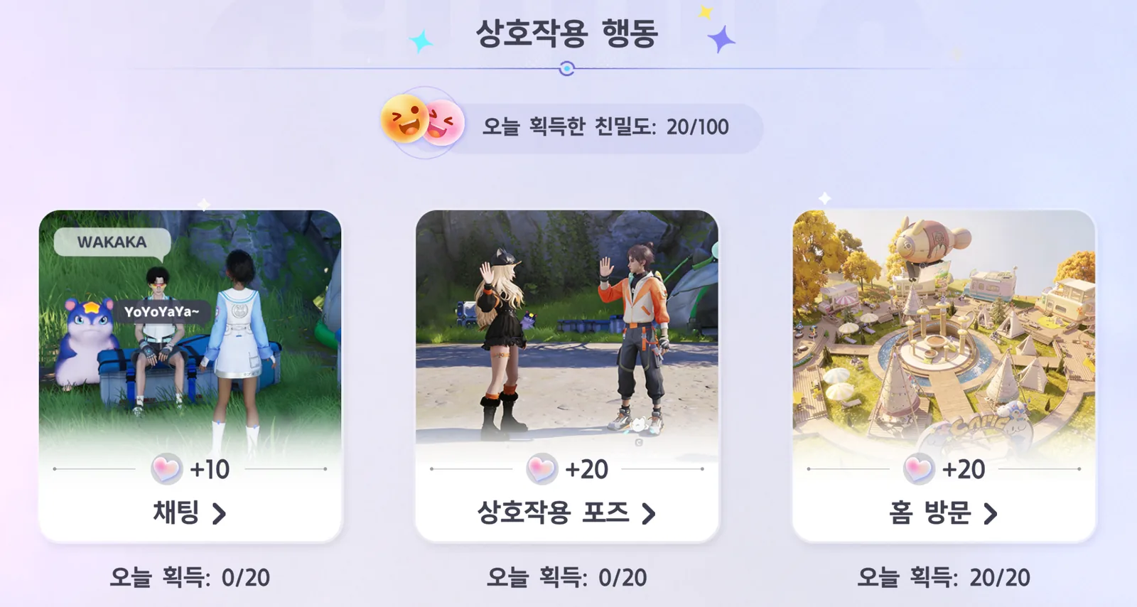 Interactions screen — Affinity Earned Today 20/100, cards for Chat +10 (earned today 0/20), Gestures +20 (0/20) and Visit Home +20 (20/20)