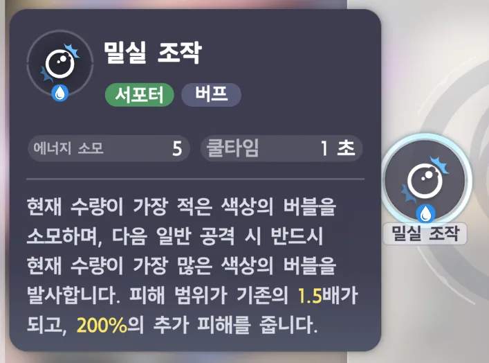 밀실 조작 스킬 설명 — 서포터·버프, 에너지 소모 5, 쿨타임 1초, 피해 범위 1.5배와 200% 추가 피해