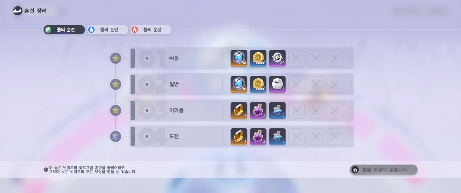 훈련 장려 화면 — 풀의 훈련 쉬움·일반·어려움·도전 주간 보상, 더 높은 난이도를 클리어하면 낮은 난이도 보상도 받는다는 안내