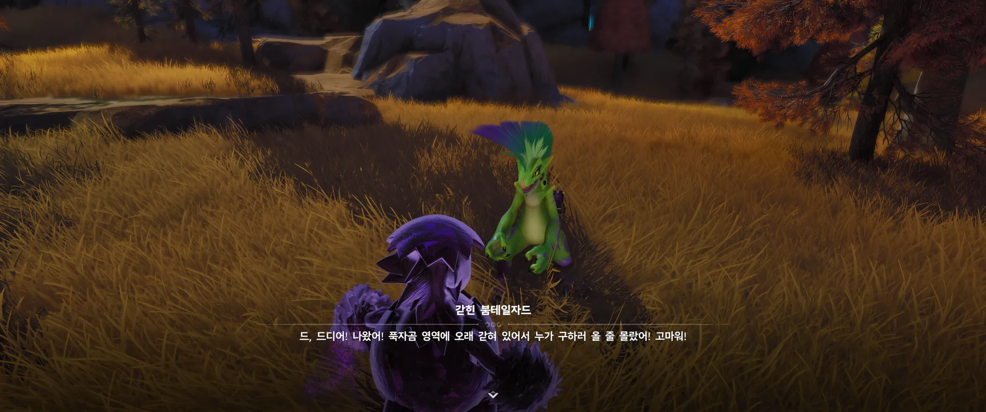동굴 밖 풀밭에서 이어지는 대화 — 갇힌 붐테일자드 「드, 드디어! 나왔어! 푹자곰 영역에 오래 갇혀 있어서 누가 구하러 올 줄 몰랐어! 고마워!」