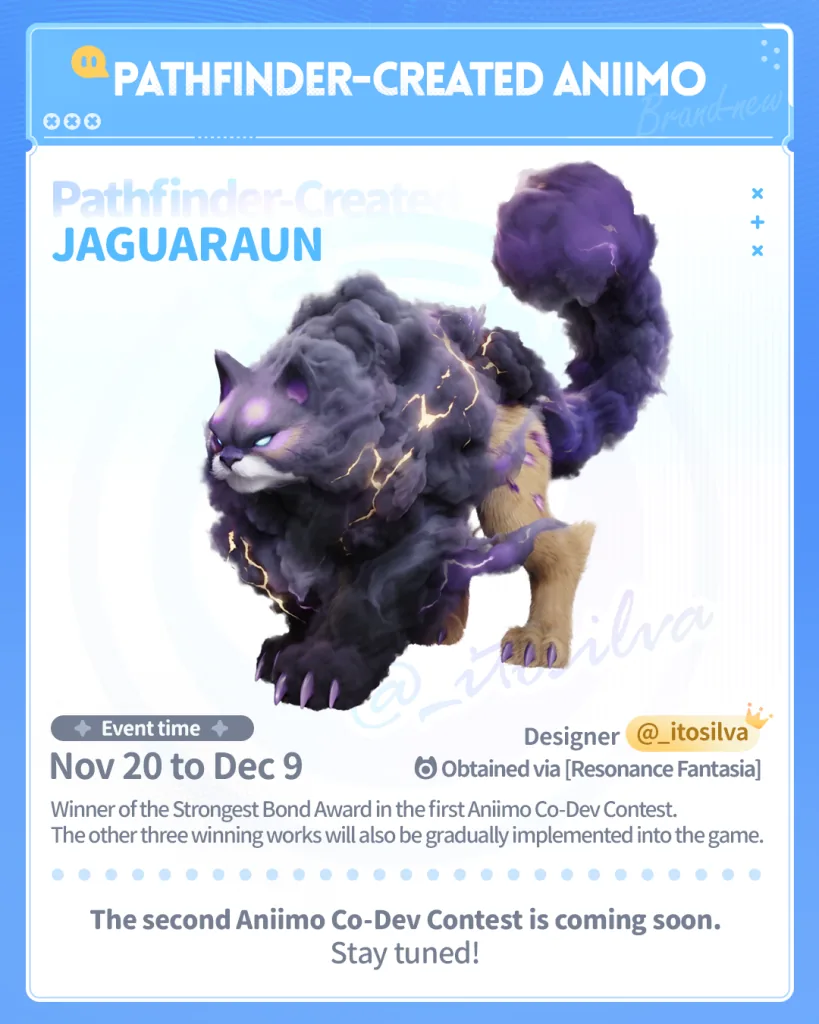 Official Pathfinder-Created Aniimo Jaguaraun image — a cat-like Aniimo with a purple cloud mane and lightning patterns, event period 11.20-12.9