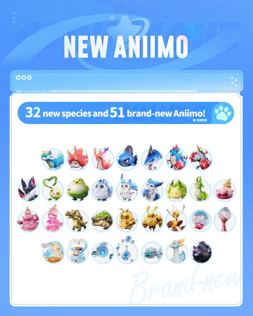Official new Aniimo image — 32 new species, 51 new Aniimo, faces of the 32 Aniimo