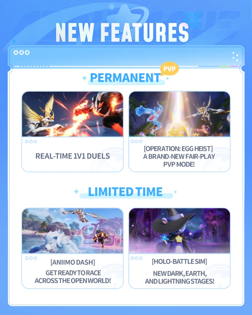 Official new content image — permanent 1v1 real-time duel, Operation: Egg Heist fair-play PvP mode, limited-time Aniimo Dash, Holo-Battle Sim Dark · Earth · Lightning stages