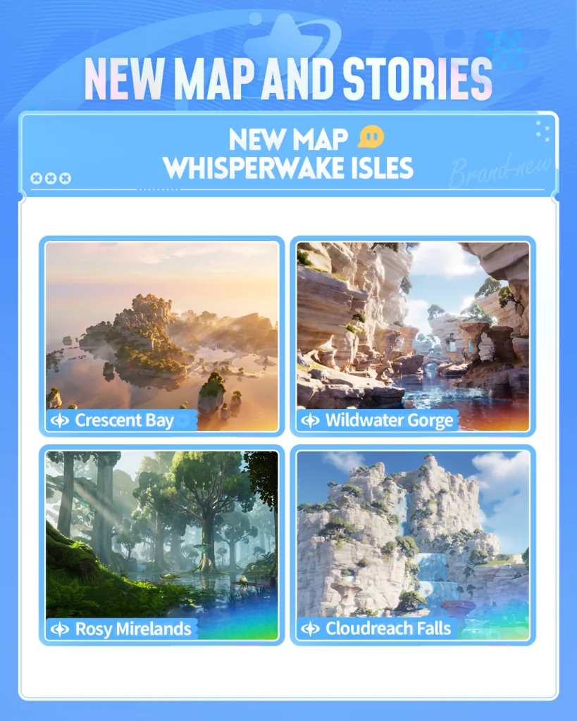 Official new map image of Whisperwake Isles — Crescent Bay, Wildwater Gorge, Rosy Mirelands, Cloudreach Falls