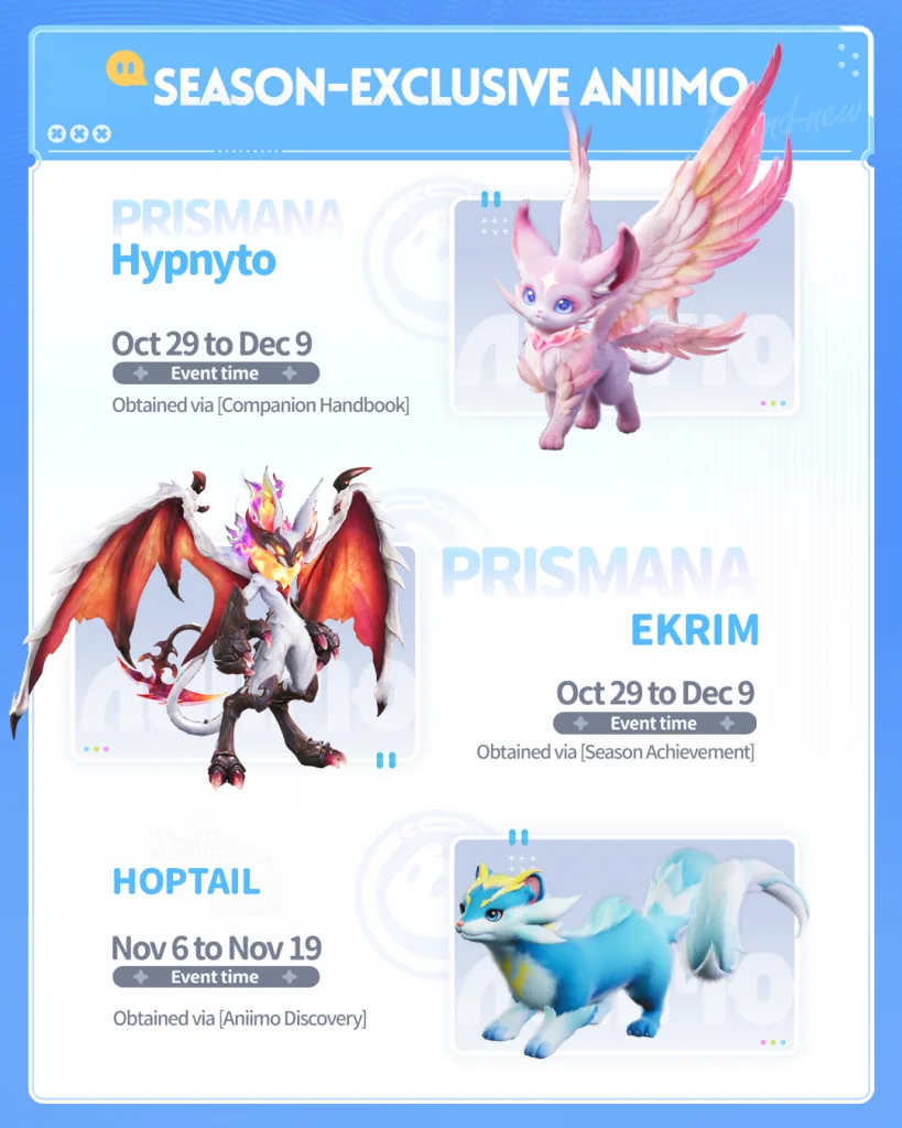Official season-limited Aniimo image — Prismana Hypnyto (Companion Handbook), Prismana Ekrim (Season Achievement), Hoptail (Aniimo Discovery)