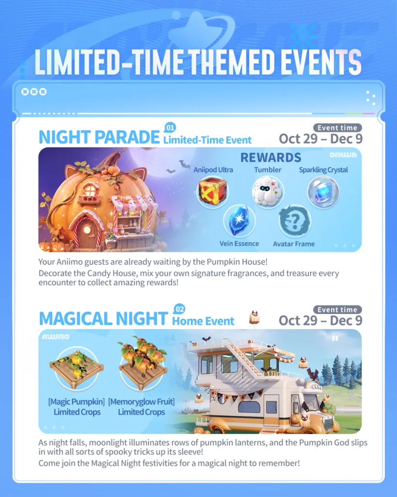 Official limited theme event image — Fantasy Night Parade rewards (Aniipod Ultra, Tumbler, Sparkling Crystal, Vein Essence, limited Avatar Frame), Magical Night limited crops Magic Pumpkin and Memoryglow Fruit