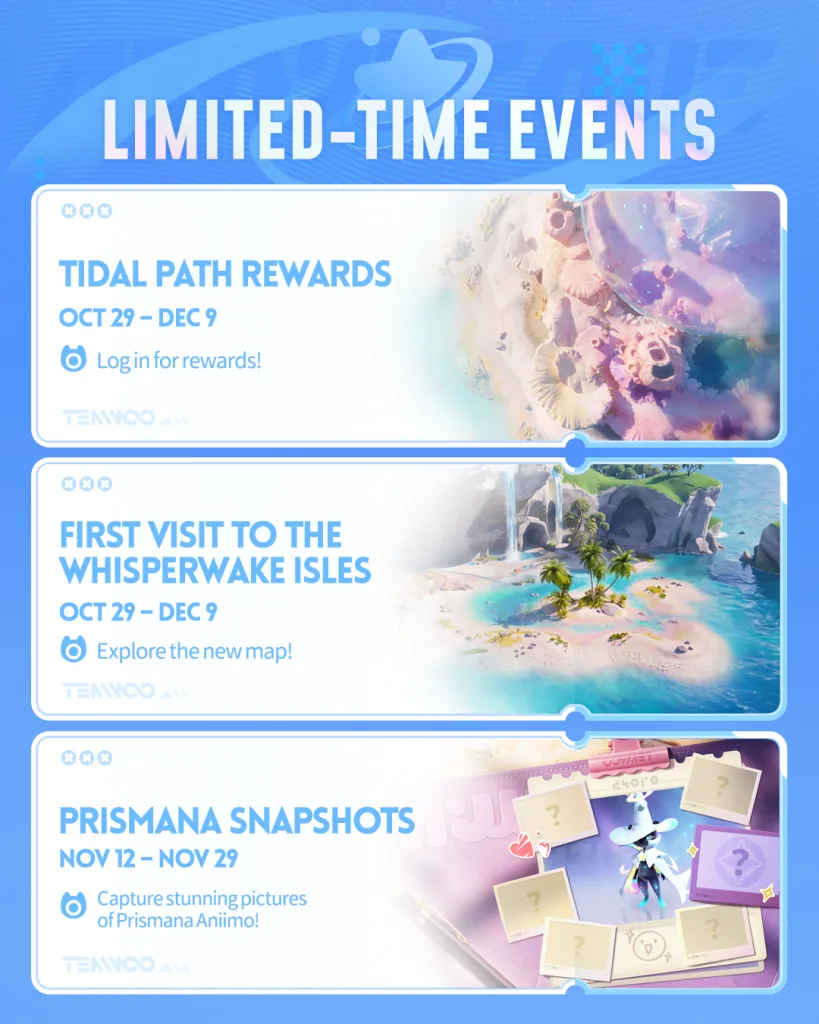 Official limited version event image — Tidal Path Rewards, First Visit to Whisperwake Isles, Prismana Snapshots (10.29-12.9)