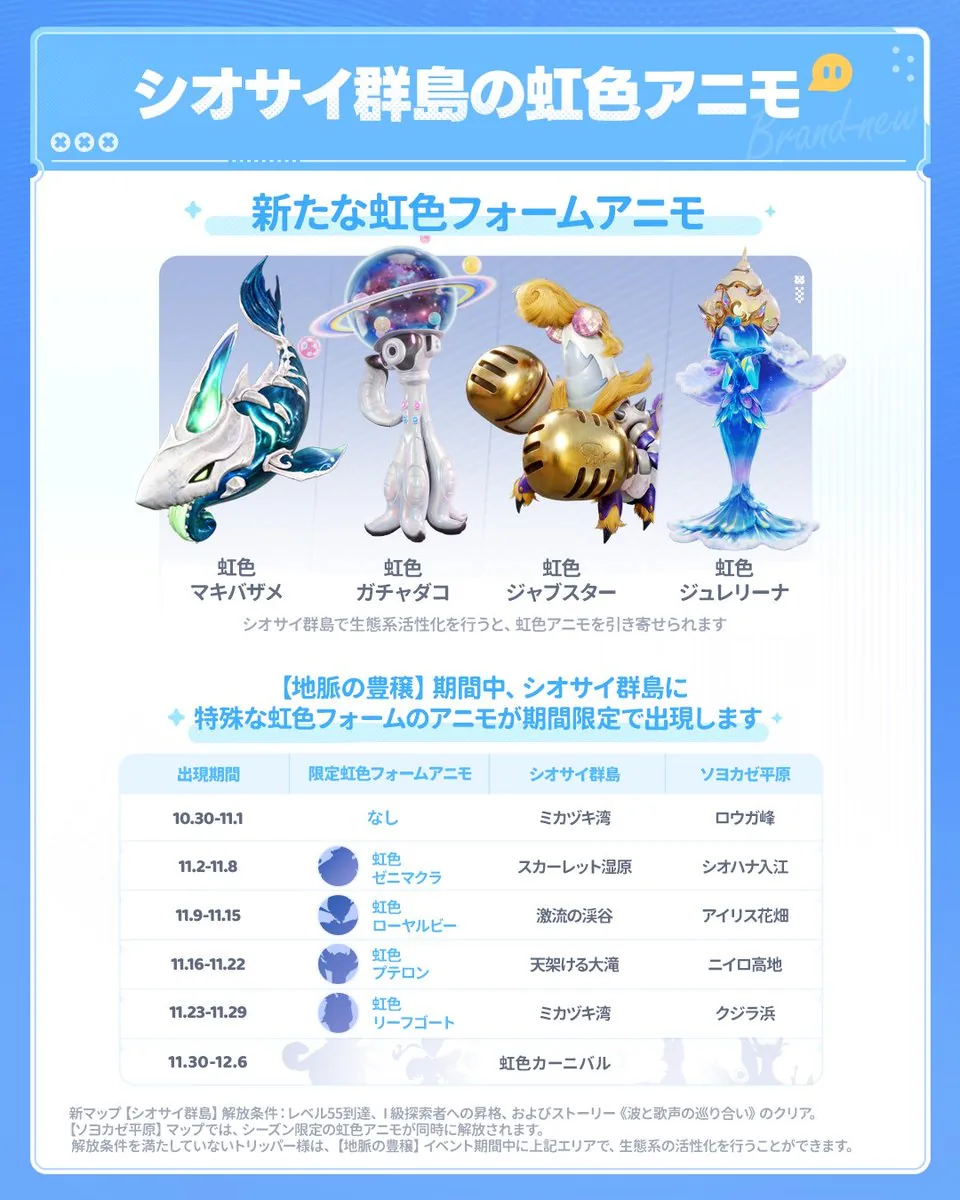 シオサイ群島の虹色アニモの公式画像 — 虹色マキバザメ・ガチャダコ・ジャブスター・ジュレリーナと地脈の豊穣の期間限定虹色スケジュール表