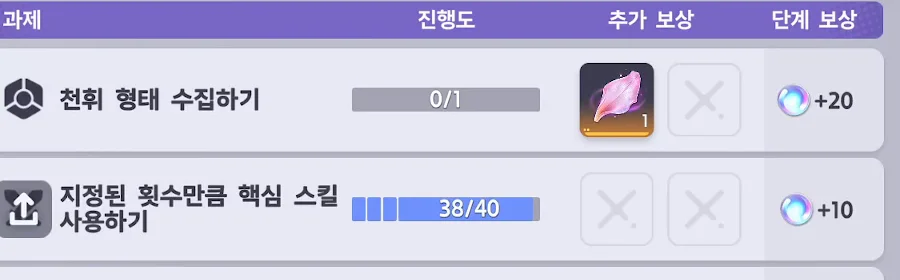 연구 수첩 과제 화면 — 지정된 횟수만큼 핵심 스킬 사용하기 38/40