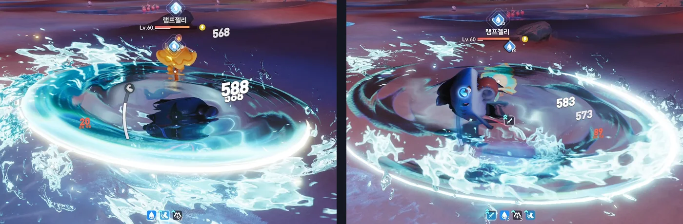 High-Speed Cut on the same Bulbly Lv.60 — left: 568 · 588 without the Frenzied Assault icon, right: 583 · 573 with the Frenzied Assault icon in the buff slot