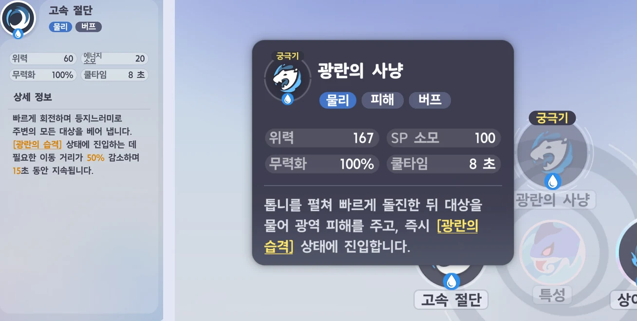 Left, the High-Speed Cut description — Physical · Buff, Might 60, Energy 20, Cooldown 8s, required movement distance 50% less for 15s. Right, Hunter's Feast — Ultimate, Might 167, SP cost 100, Cooldown 8s, enters Frenzied Assault immediately