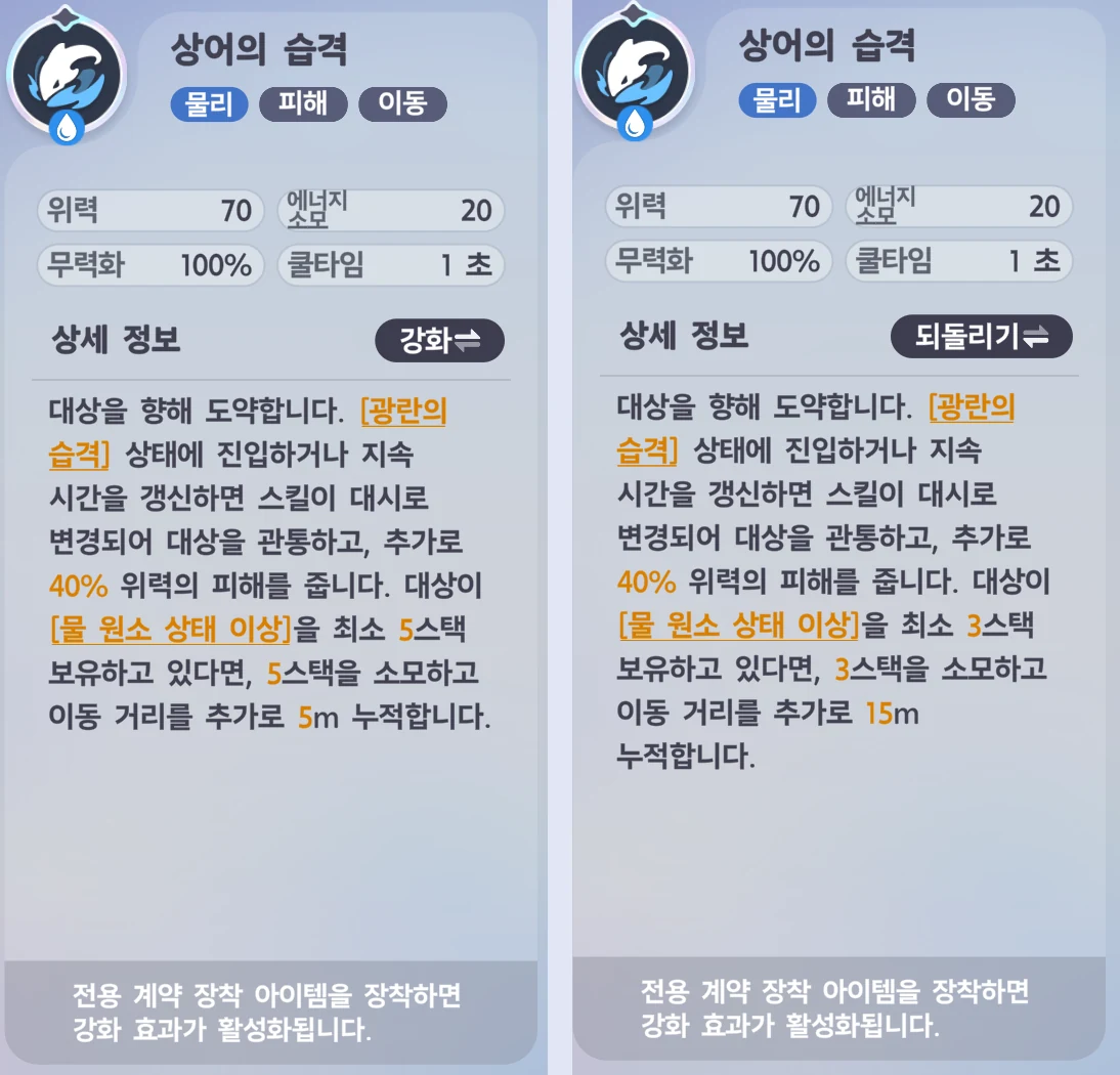 Two Wavebreaker Shark Rush descriptions — left, base: with 5 stacks it uses 5 stacks and stacks 5m of movement. Right, the screen after pressing the Enhance button: uses 3 stacks, stacks 15m of movement, with Might 70, Energy 20 and Cooldown 1s unchanged