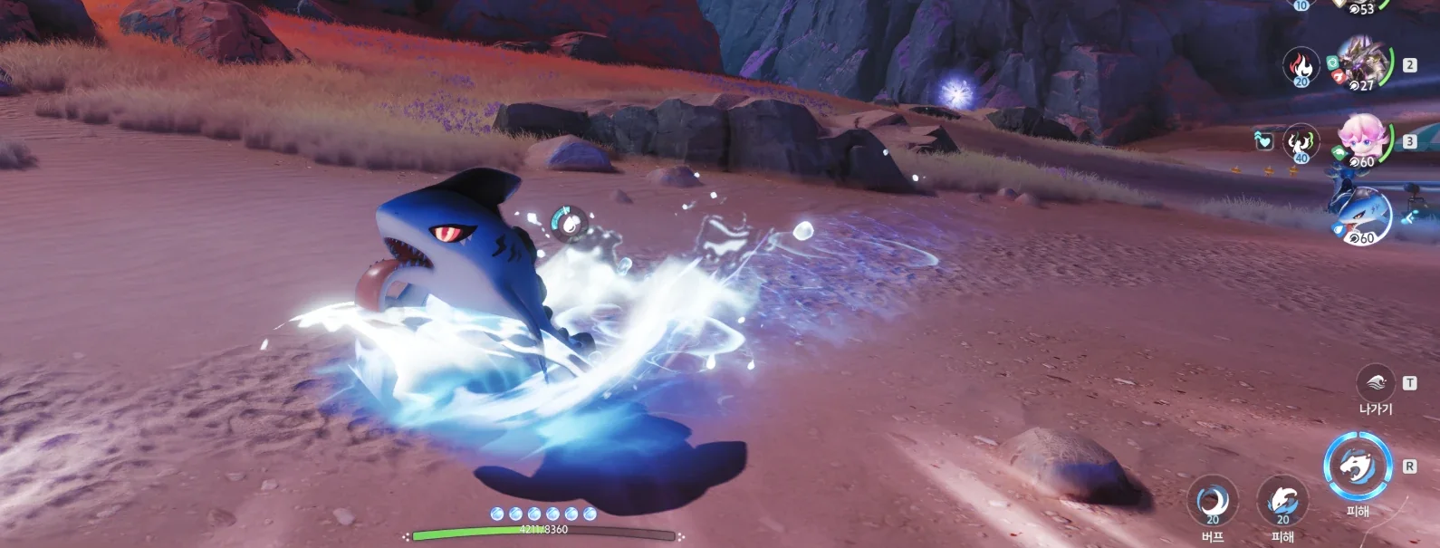 Whirlbite riding the waves on dry sand, kicking up spray — the Water Storage Tank icon next to its body, and T "Exit" at the bottom right