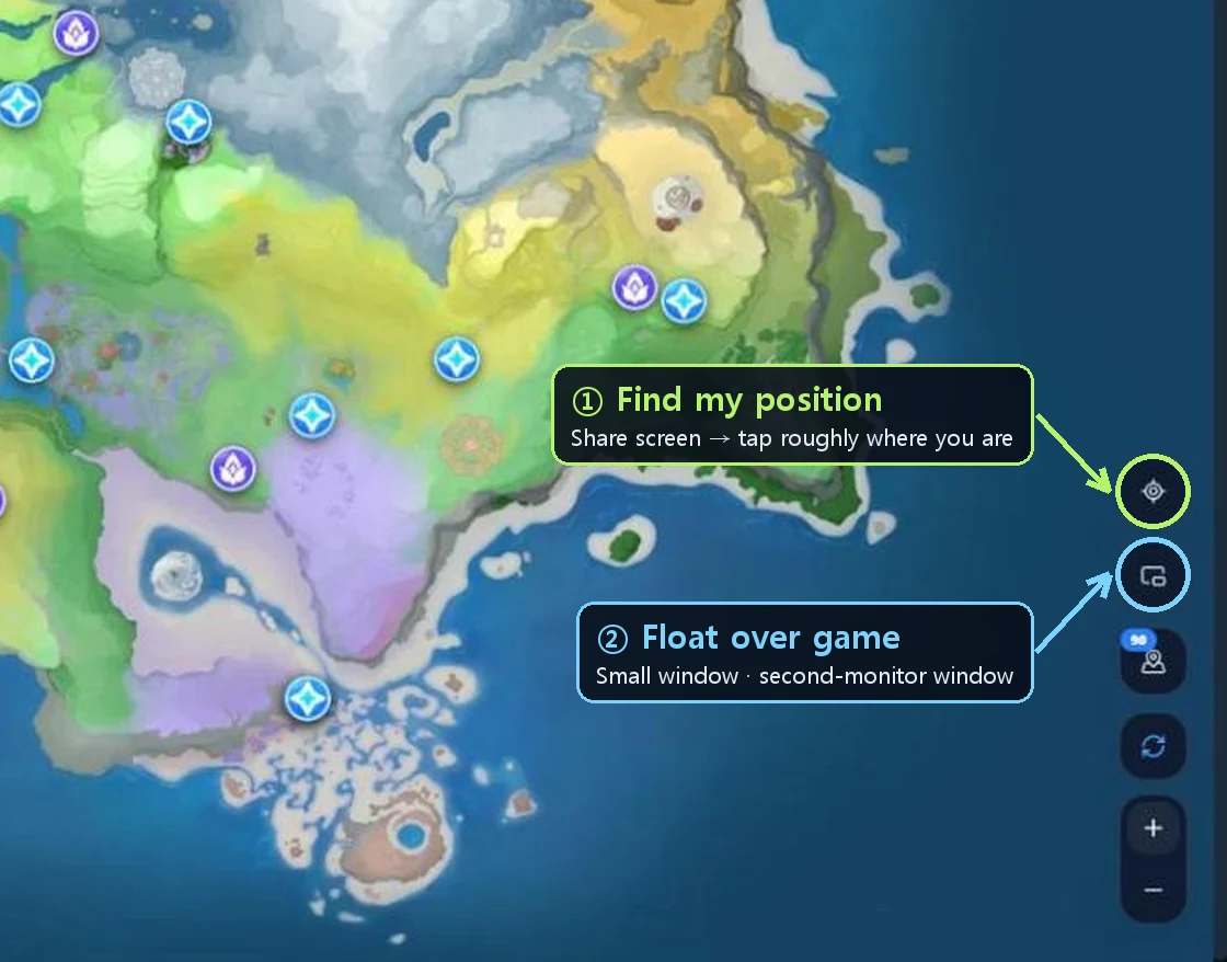Buttons at the bottom right of the map: ① Find my position (share your screen, then tap roughly where you are), ② Float over game (small window or second-monitor window)